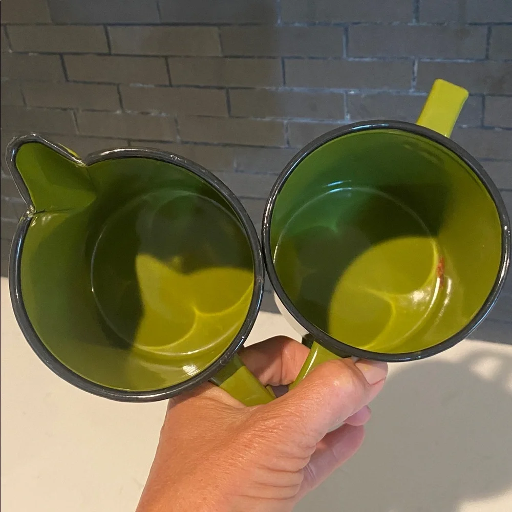 Vintage Olive Green Enamel Sugar and Creamer Set 3.5” Tall